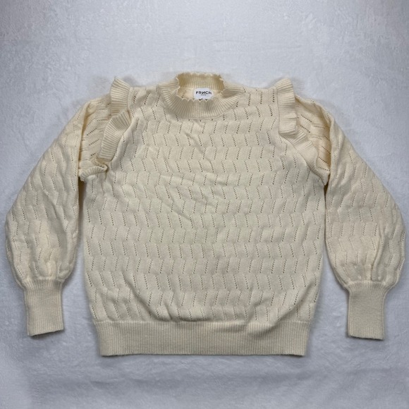 FRNCH Paris Ruffle Shoulder Sweater Open‎ Knit Pullover Cream Size L - Picture 1 of 8